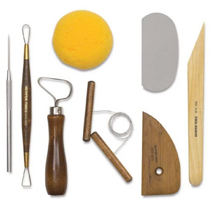 Potters Rib, Steel Scraper, Wood Modeling Tool, Needle Tool, Ribbon Tool, Loop Tool, Sponge, and Wire Clay Cutter